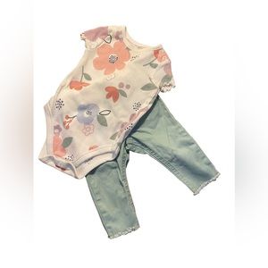 Garanimals Floral Onesie Top with Fringed Denim Jeans